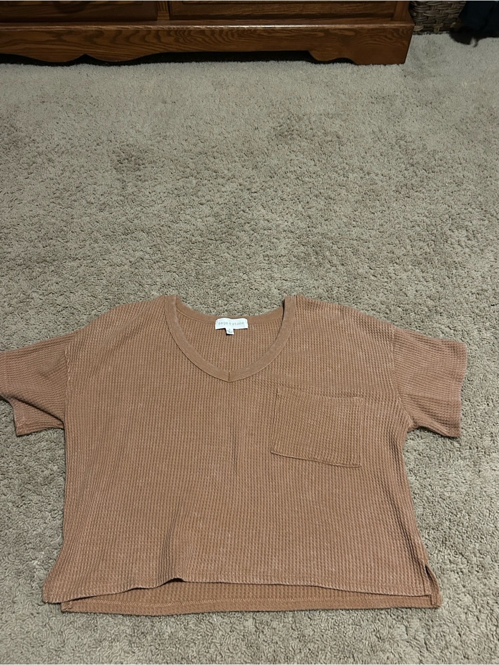 Waffle Knit V-Neck Short Sleeve Pocket Tee — Tan